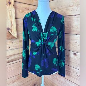 Kenneth Cole Black Purple Green Floral Blouse Top Dress Shirt Office Women Small